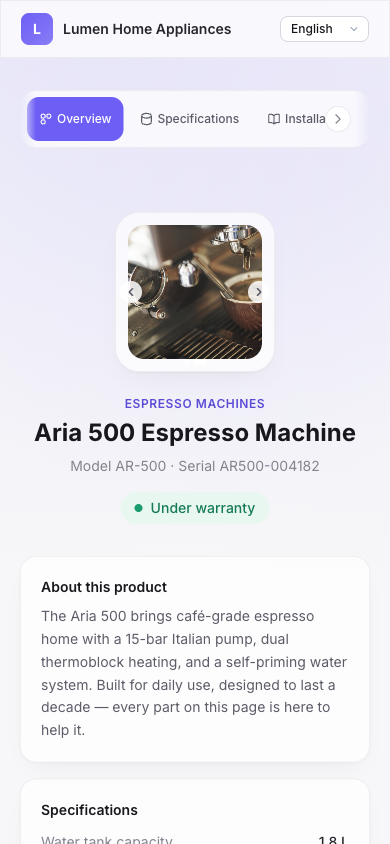 The Aria 500 passport on a phone, showing model AR-500, serial AR500-004182 and its warranty state